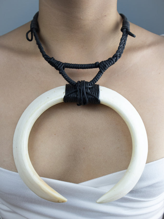 Bone Double Tusk With Black Adjustable Necklace