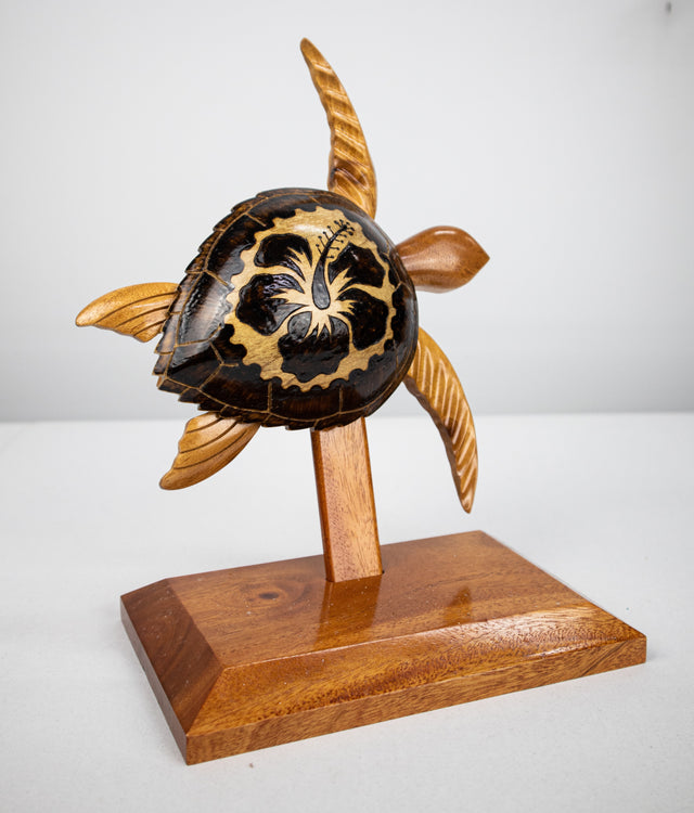 Wood Turtle Trophy With Burning Hibiscus Flower