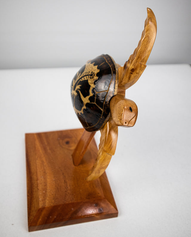 Wood Turtle Trophy With Burning Hibiscus Flower