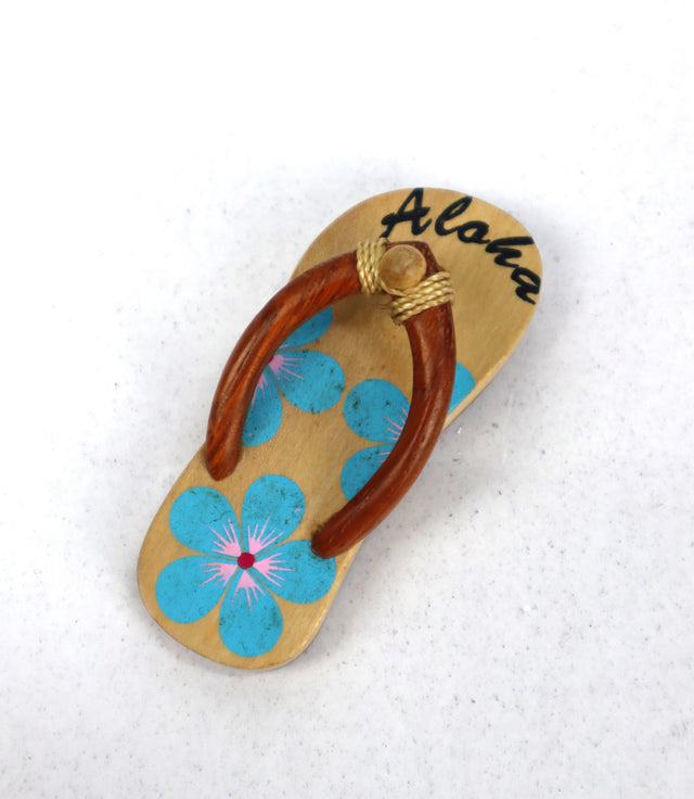 Wood Slipper Magnet With Painting Hibiscus Flower Design Blue